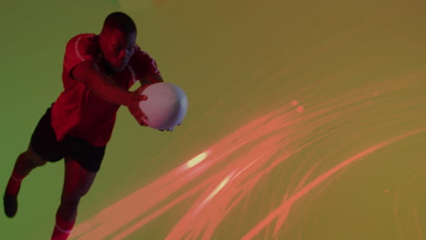 holding rugby ball, player with dynamic red animation on green background