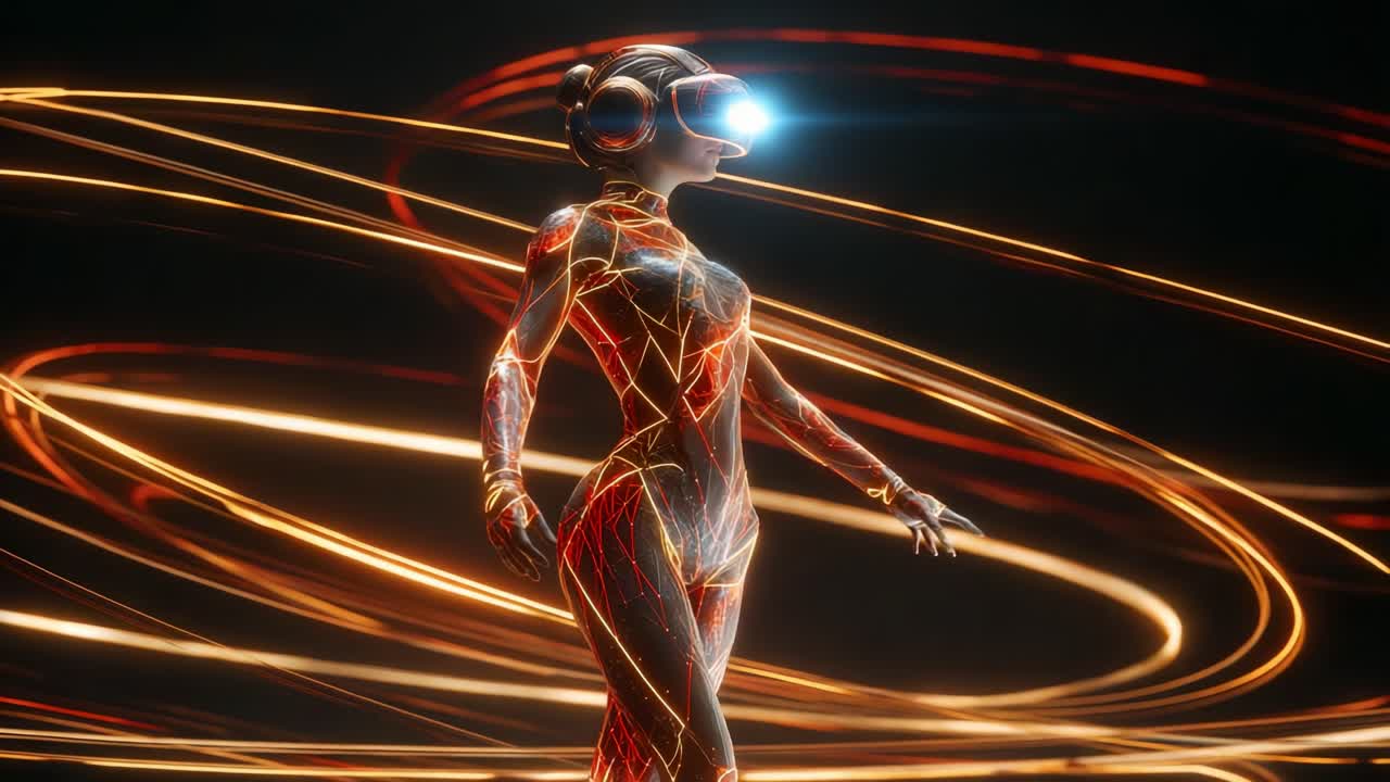 A woman wearing a VR headset in a futuristic digital world
