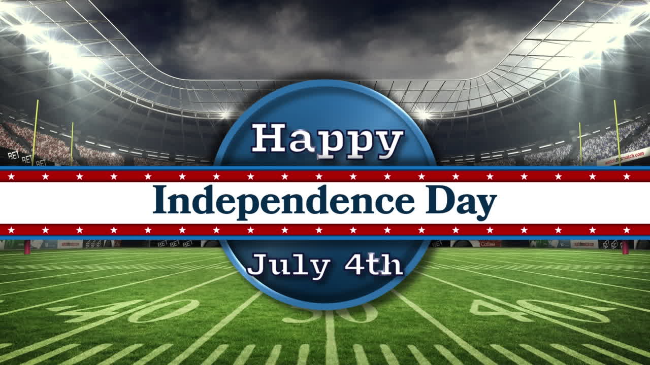 럭비 경기장 위의 미국 국기 색상의 별과 줄무 ⁇ 를 가진  ⁇ 발의 구성