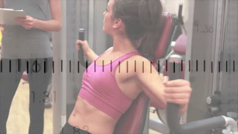 trainee woman performing chest fly on pec deck in fitness gym, showing floating clipboard graphic