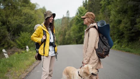 two girls, a blonde and a brunette, in special tourist hiking clothes with large backpacks, together with their light-colored dog, stand near the road and communicate against the backdrop of a green forest