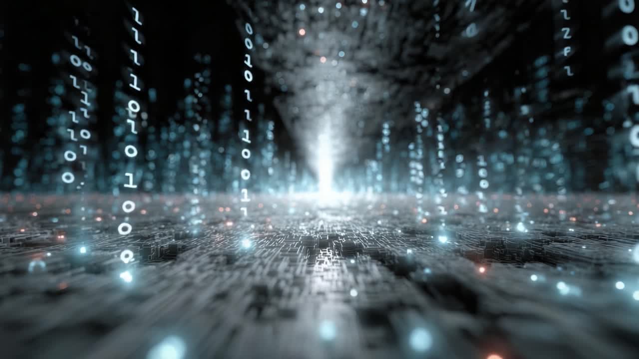 Exploring the Depths of a Digital Universe: A Journey Through Binary Data and Futuristic Landscapes with Glowing Elements