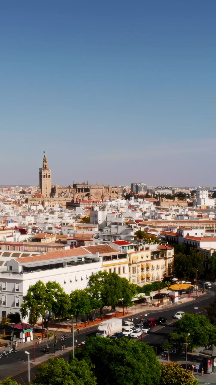 Panoramica aerea di tetti storici e dello skyline della cattedrale a mezzogiorno. Edifici bianchi e fitti con tetti di tegole rosse.