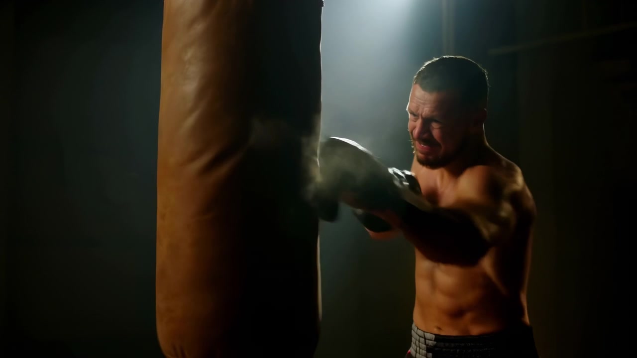 Muscular Caucasian Boxer Striking Heavy Bag Delivering Relentless Power Punches And Precise Combinations