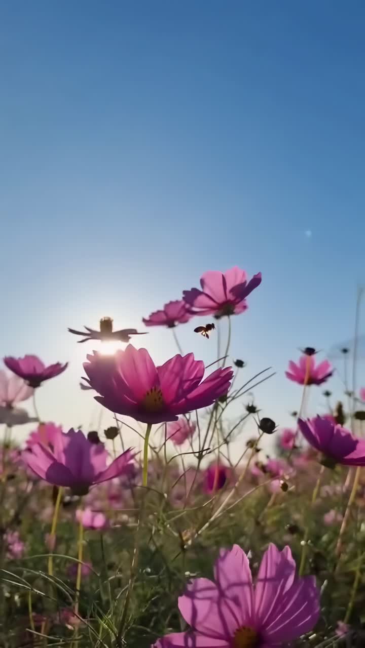 Video dal basso di vivaci fiori rosa contro un cielo azzurro limpido, che catturano la luce del sole.