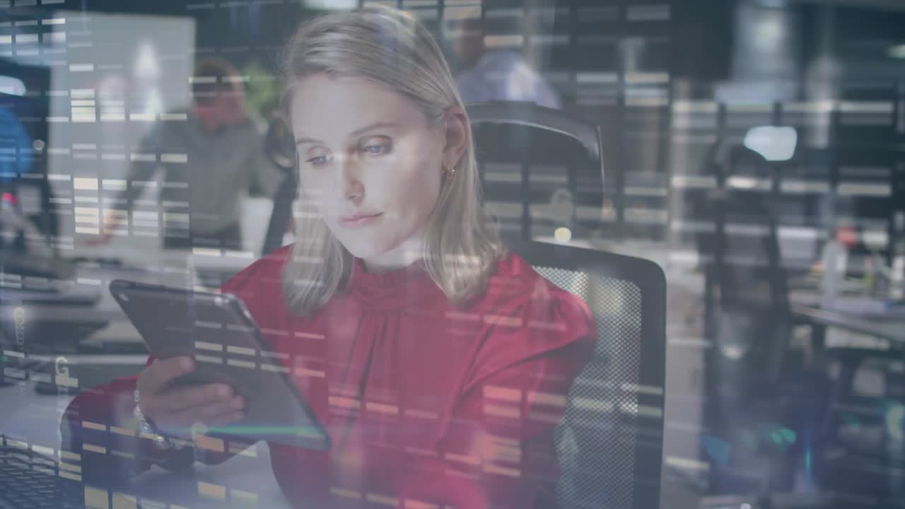 Camera panning as peer passing by, revealing woman reviewing tech analysis on tablet with overlays