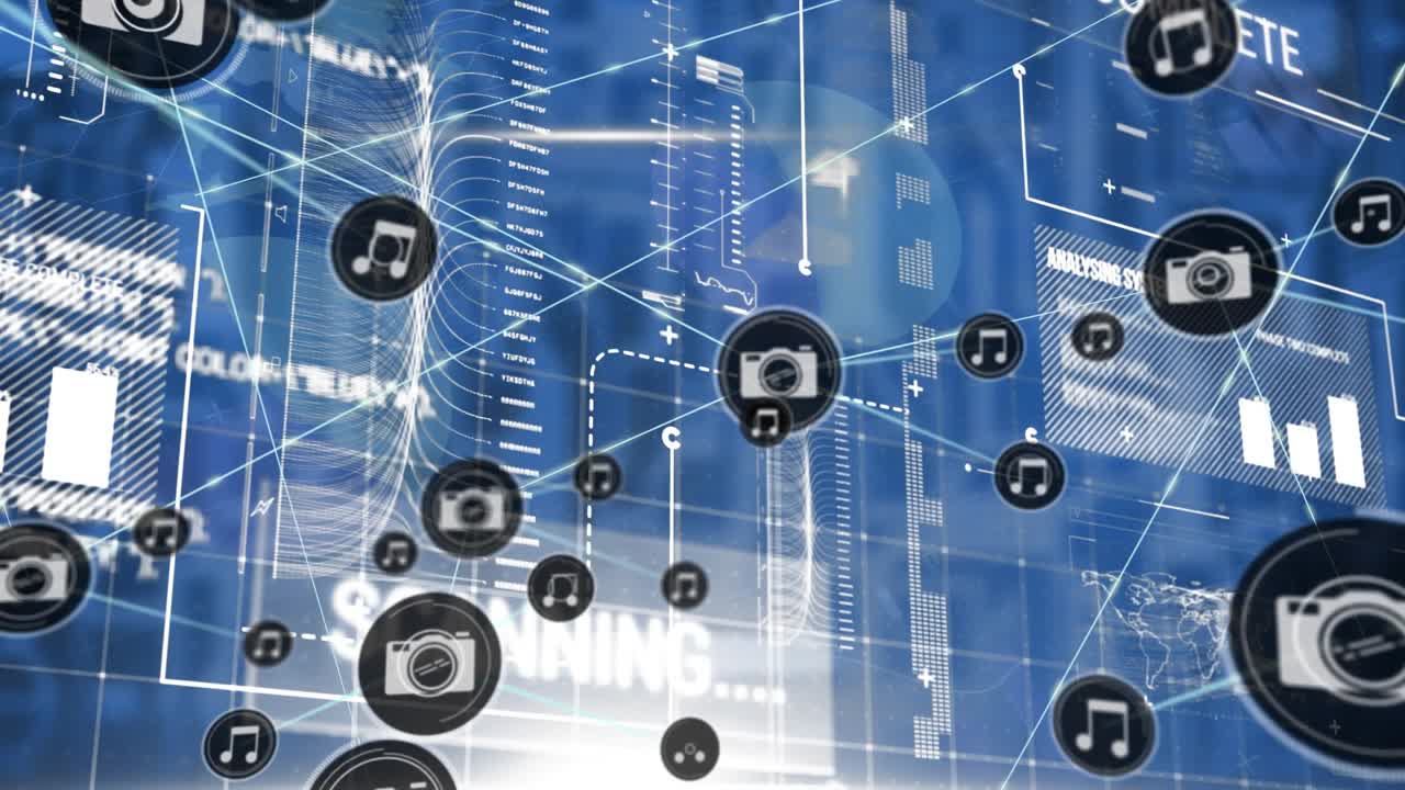 青い背景上でデータ処理が行われるインターフェース上に、プロフィールアイコンのネットワークのアニメーション。
