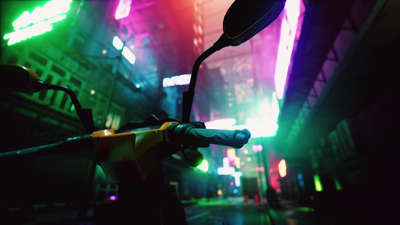 Soft blurred colorful light up Bokeh sign board along building in city nightlife