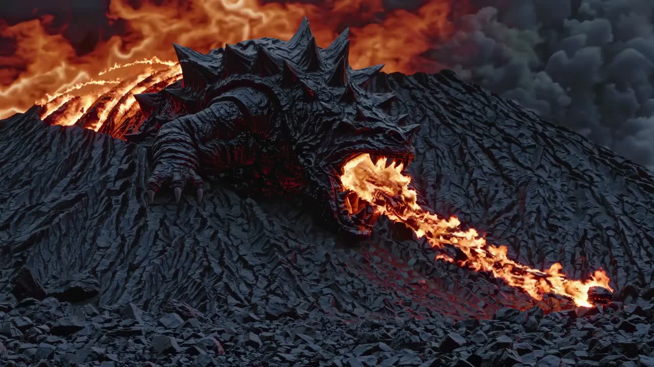 Fiery Dragon Emerging from Volcano