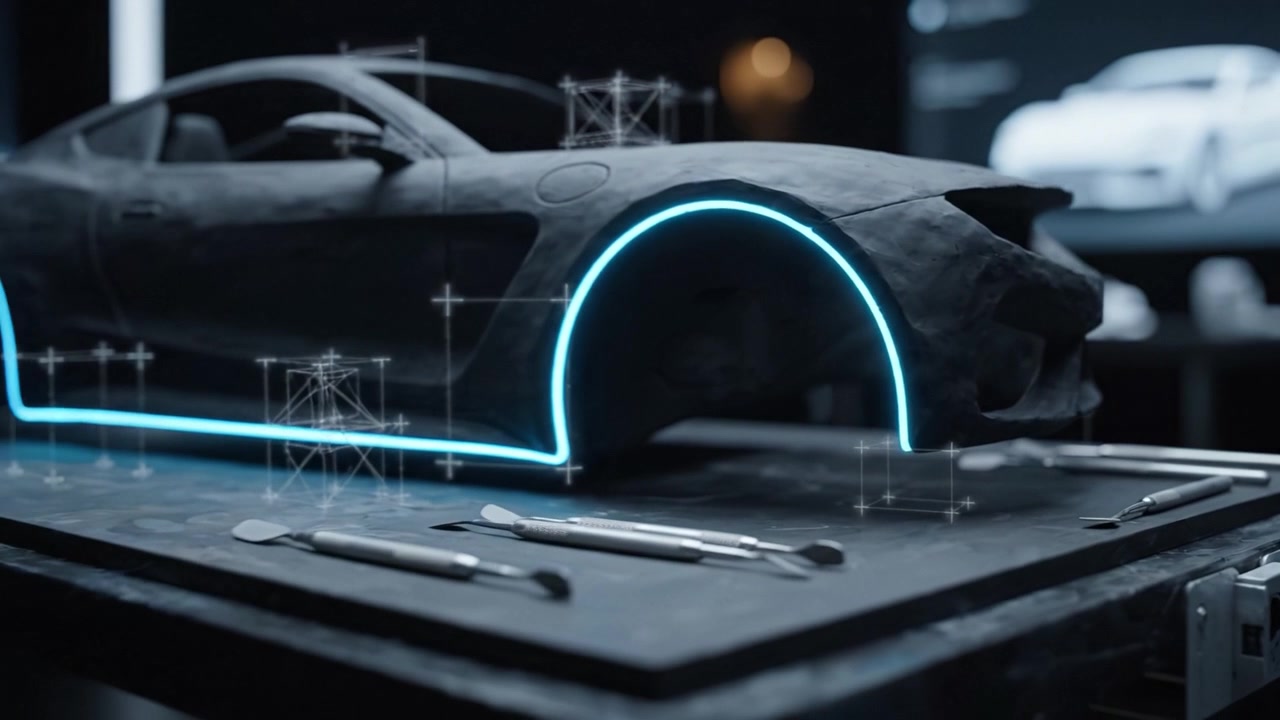 Modelo de Argila Inovador de um Design de Carro com Detalhes em Neon Azul Exibindo Artesanato Artístico em um Ambiente de Oficina Moderna com Ferramentas e Projeções Digitais