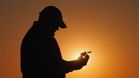 man holding a seedling at sunrise