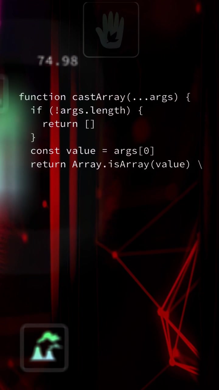 Vertical video: Green hand appearing, scaling, demoing dev UI: code, counters, red nodes animating