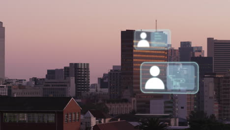 animación de iconos y procesamiento de datos sobre la ciudad.