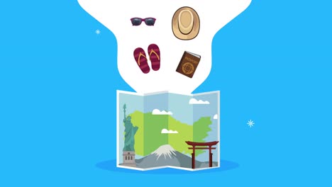 animación del día mundial del turismo con mapa de papel y monumentos