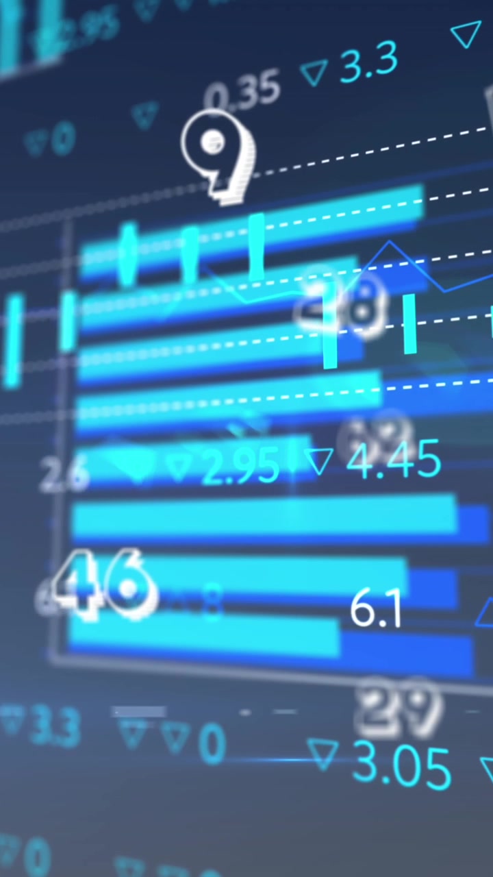 Animation of numbers floating over statistical and stock market data processing on blue background
