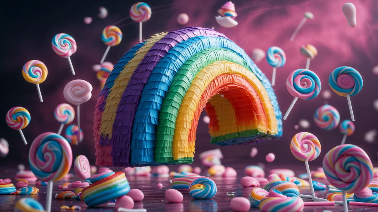 A vibrant scene of a rainbow piñata surrounded by an abundance of colorful lollipops and candies