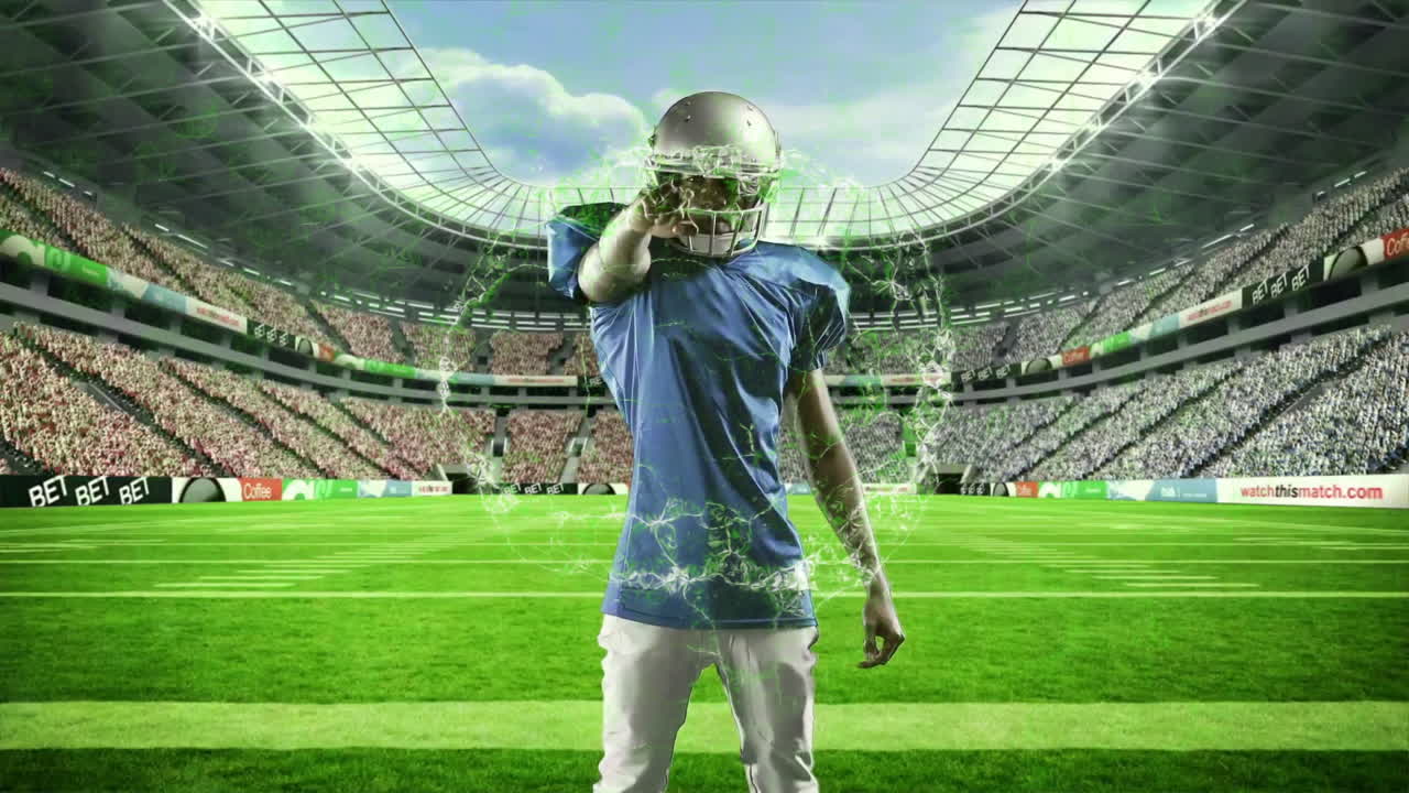 In stadium, football player interacting with animation on digital network overlay