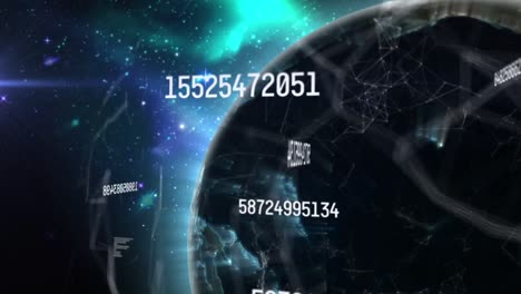animación del globo de la red de conexiones con números y procesamiento de datos
