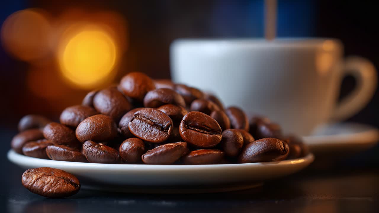 Aromatiske kaffebønner stablet på en tallerken med en varm kaffekop i baggrunden, der fanger essensen af morgenkafferitualer og bryggeteknikker
