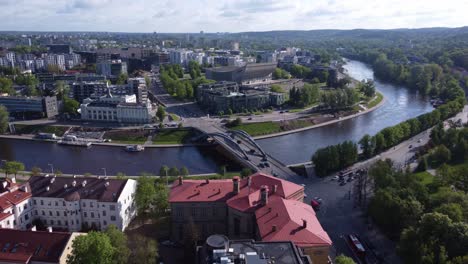 AERIAL-Flyby-over-King-Mindaugas-Bridge-in-Vilnius,-Lithuania