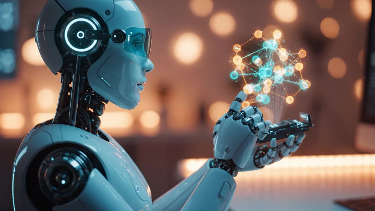 A futuristic robotic figure interacts with a digital holographic structure, showcasing advanced technology and artificial intelligence in a modern workspace environment.