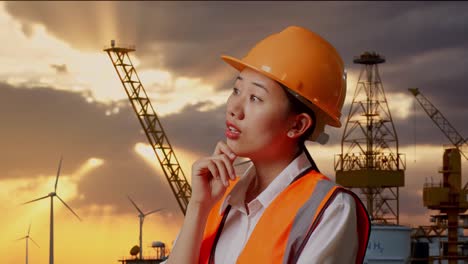 vista lateral de cerca de una ingeniera asiática con casco de seguridad pensando y mirando a su alrededor y luego levantando su dedo índice mientras está de pie con la producción de hidrógeno