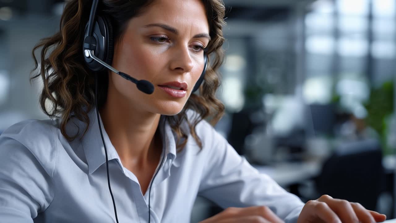 Focused woman wears headset, typing at desk. She concentrates, eyes fixed on screen, hands steady. Office space blurred, hints of plants, light, and work. Professional contact center, customer service