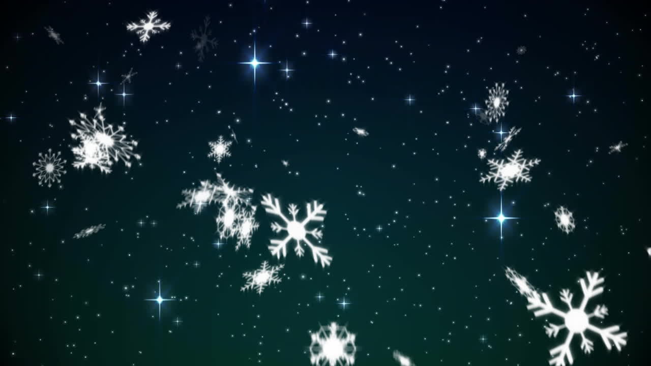 Snowflakes falling and stars twinkling, winter animation on dark background