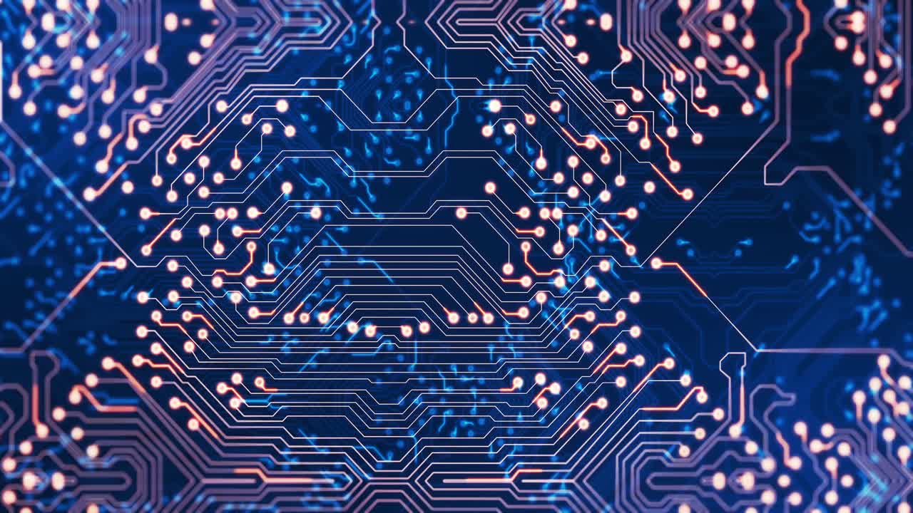 animación de rastros de luz que se mueven sobre una placa de circuito de computadora