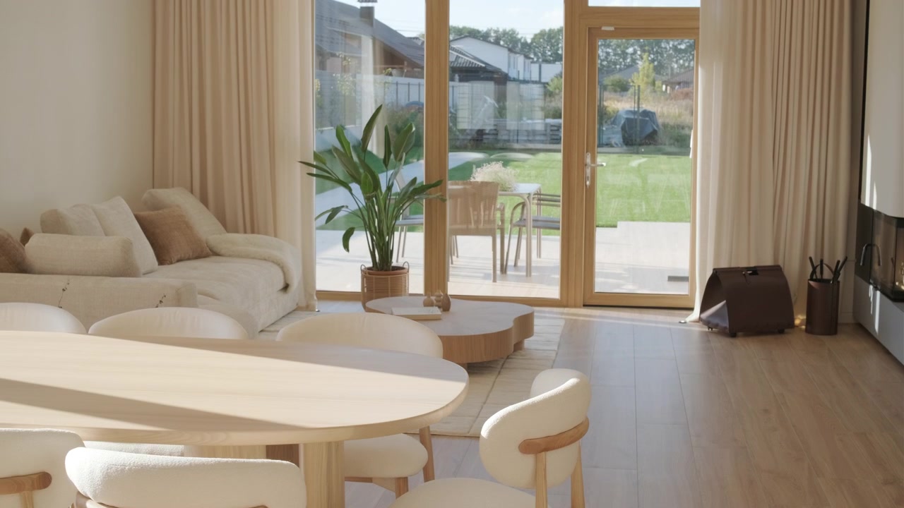 Modern Living Room Interior with Dining Area and Garden View