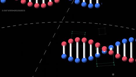검은 바탕에 있는 dna 가닥 위의 데이터 처리의 애니메이션