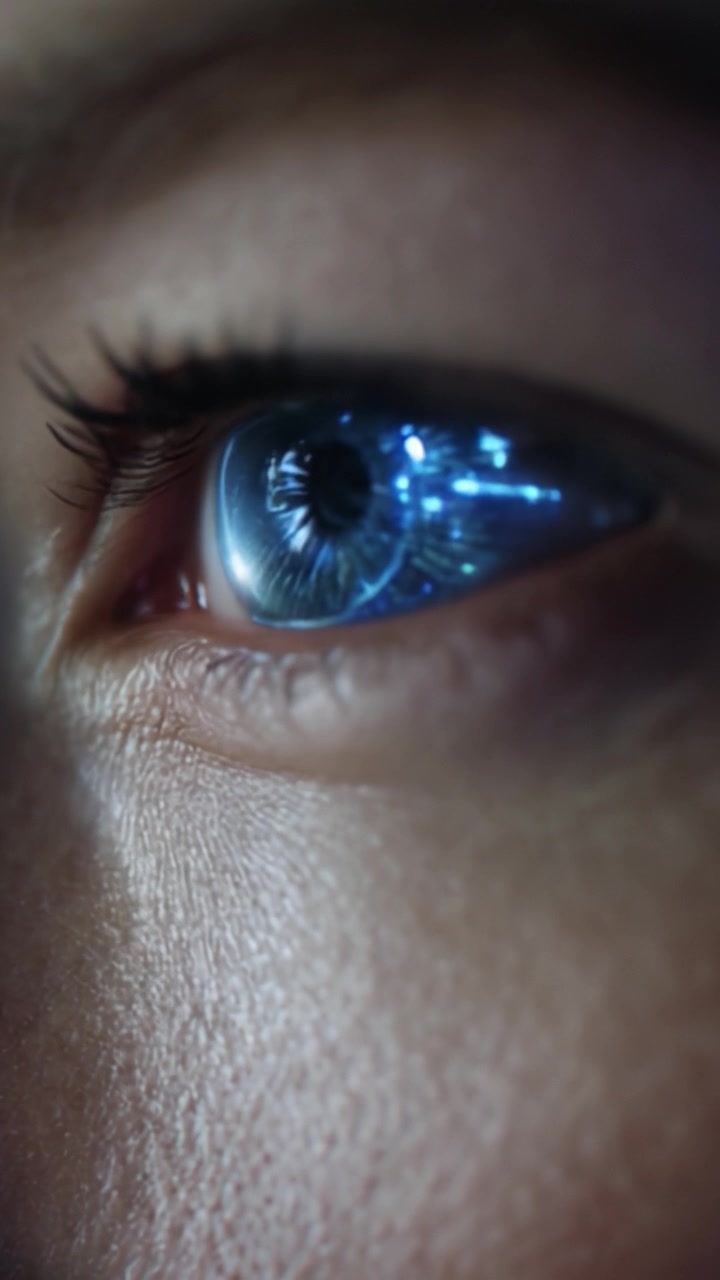 Primo piano di un occhio con intricati motivi di luce blu riflessi nell'iride e un focus sulla texture, che mostra la bellezza della visione umana in dettaglio.