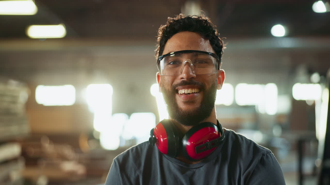 Man in woodshop wearing safety glasses and earmuffs