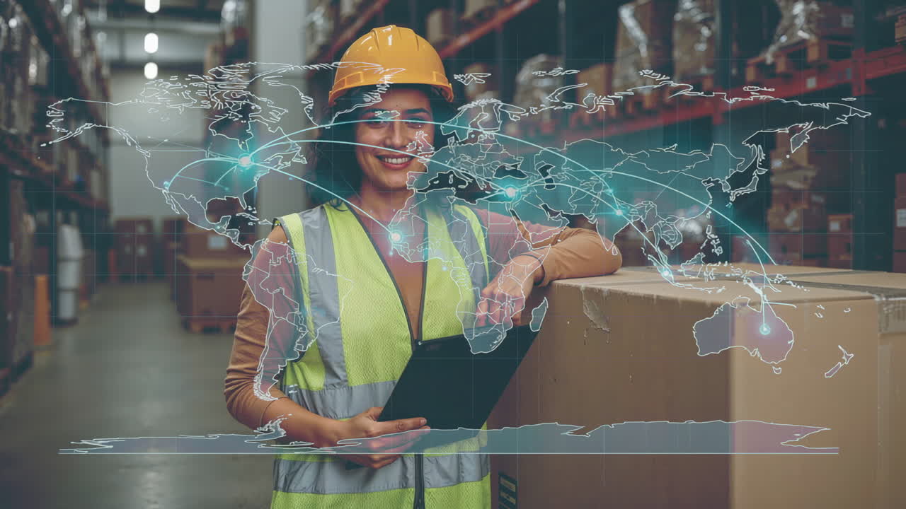 Woman in a warehouse with a global logistics network overlay