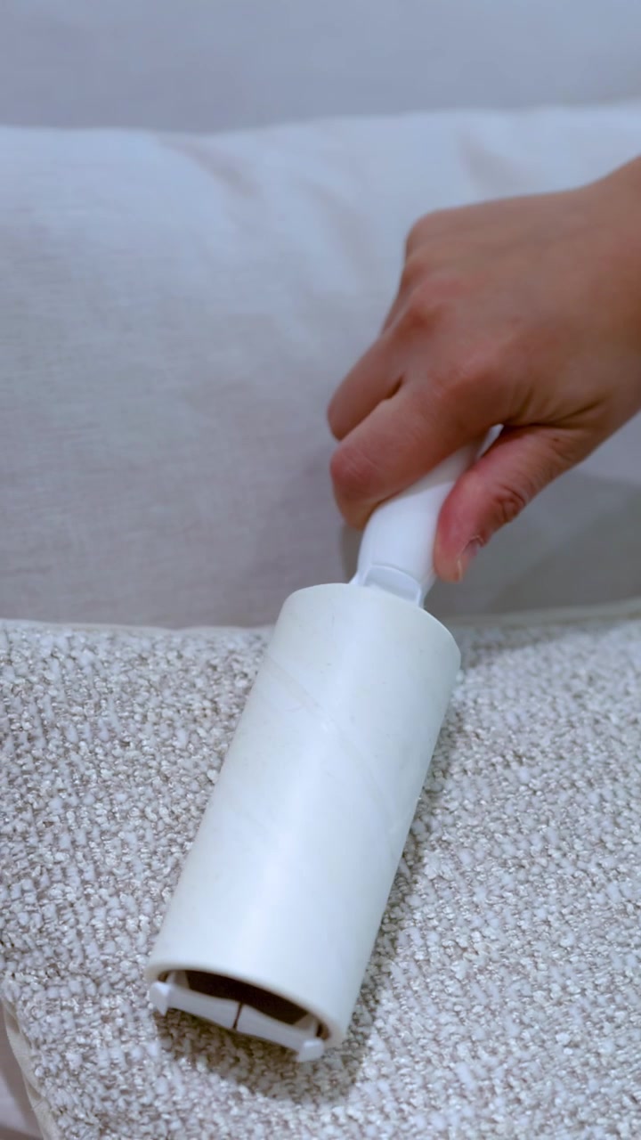 Detail ruky přejíždějící válečkem na žmolky po béžovém texturovaném látkovém materiálu ložního prádla.