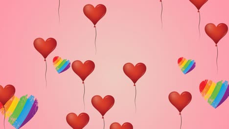 animation of heart balloons and love is love text over rainbow hearts