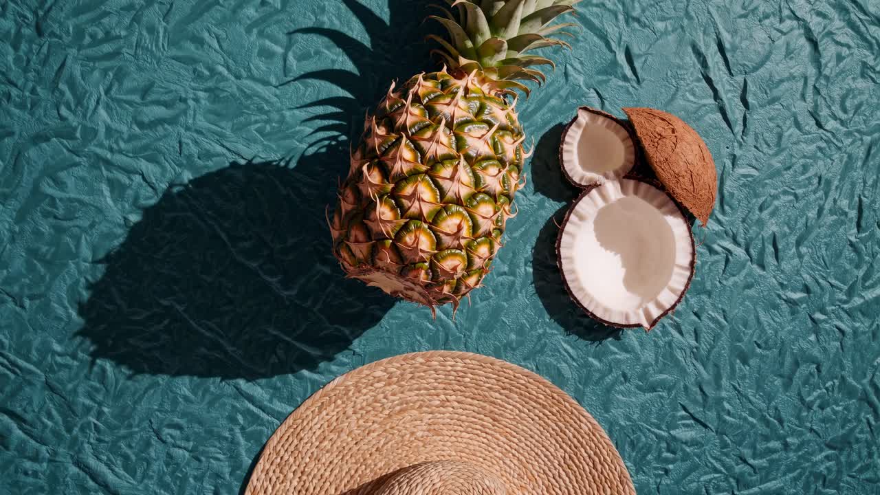 Vista dall'alto di un ananas e una noce di cocco su tessuto testurizzato color verde acqua.
