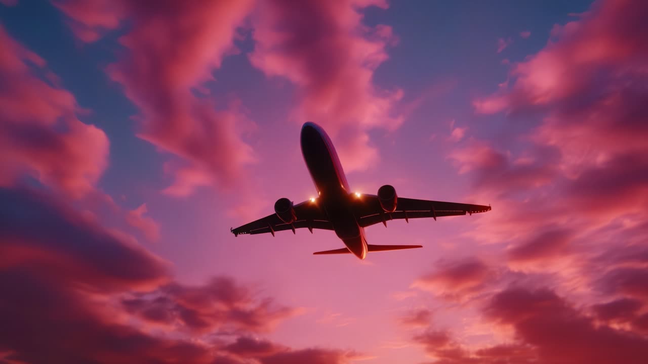 A Majestic Airplane Ascending into a Breathtaking Sunset Sky, Bathed in Vibrant Hues of Purple and Pink with Dramatic Cloud Formations, Capturing the Essence of Air Travel and the Beauty of Nature