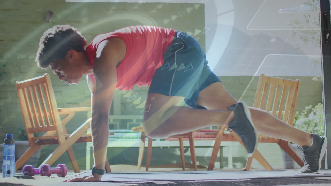 Exercising, person with geometric animation overlay in indoor fitness area