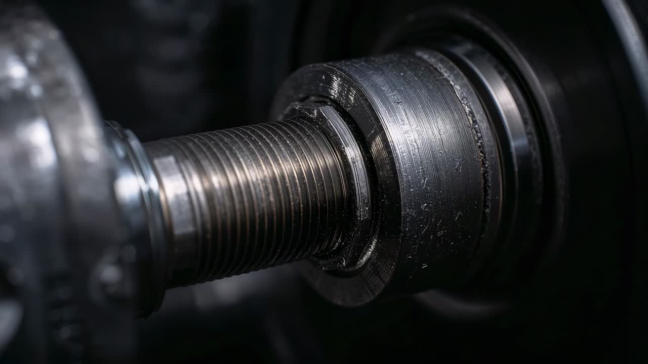 Rotating threaded shaft bearing showing wear in housing from light shift, with lock washer, grease