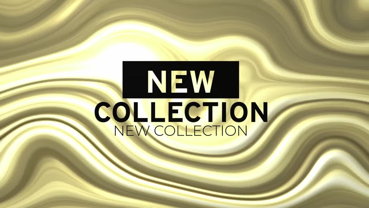 황금색 액체 배경에 새로운 컬렉션 텍스트의 애니메이션