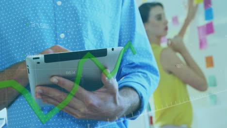 animation of financial data processing over biracial businessman using tablet in office