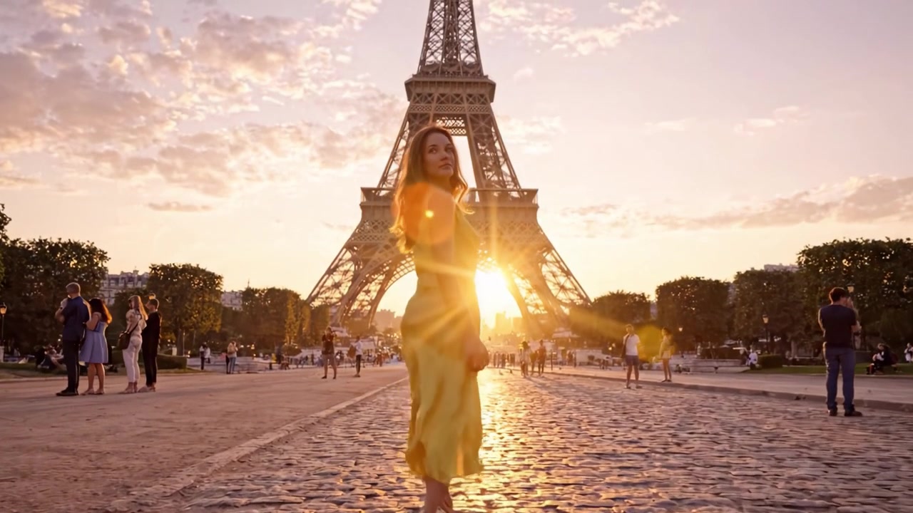 Una Bella Passeggiata Serale Sotto la Torre Eiffel: Una donna in abito giallo si gode l'atmosfera del tramonto parigino.