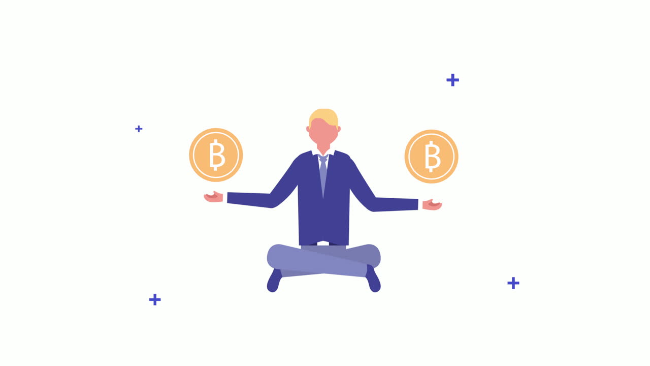 비트코인과 함께 로터스 자세로 앉아있는 사업가