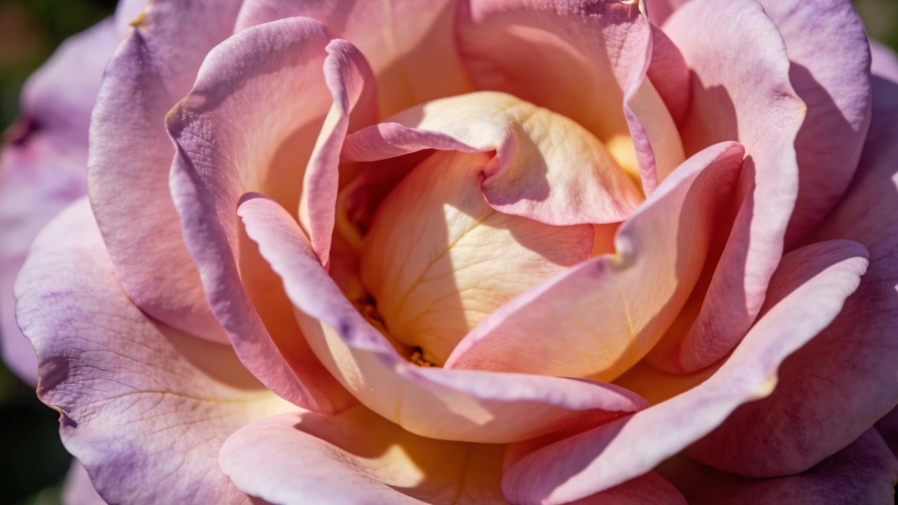 Primo piano con telecamera in movimento, un bocciolo di rosa rosa che apre i petali in giardino, con centro giallo e una macchiolina.