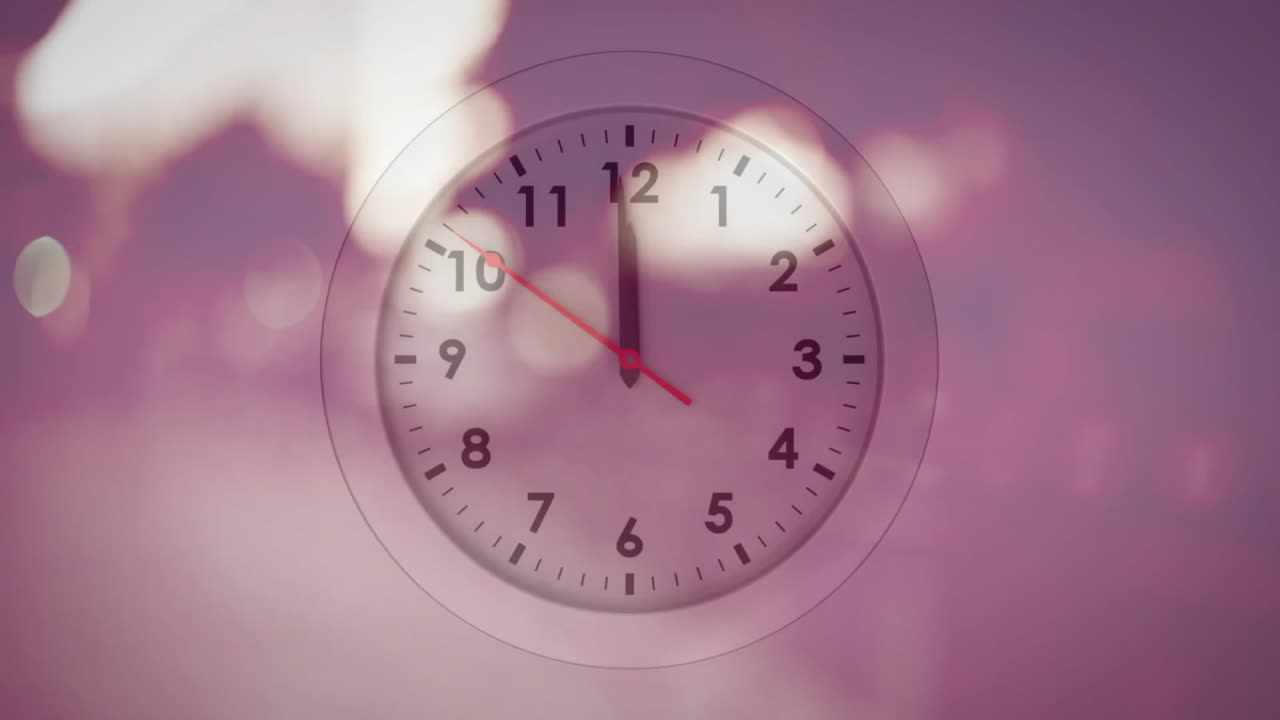 Animation of moving clock over cityscape