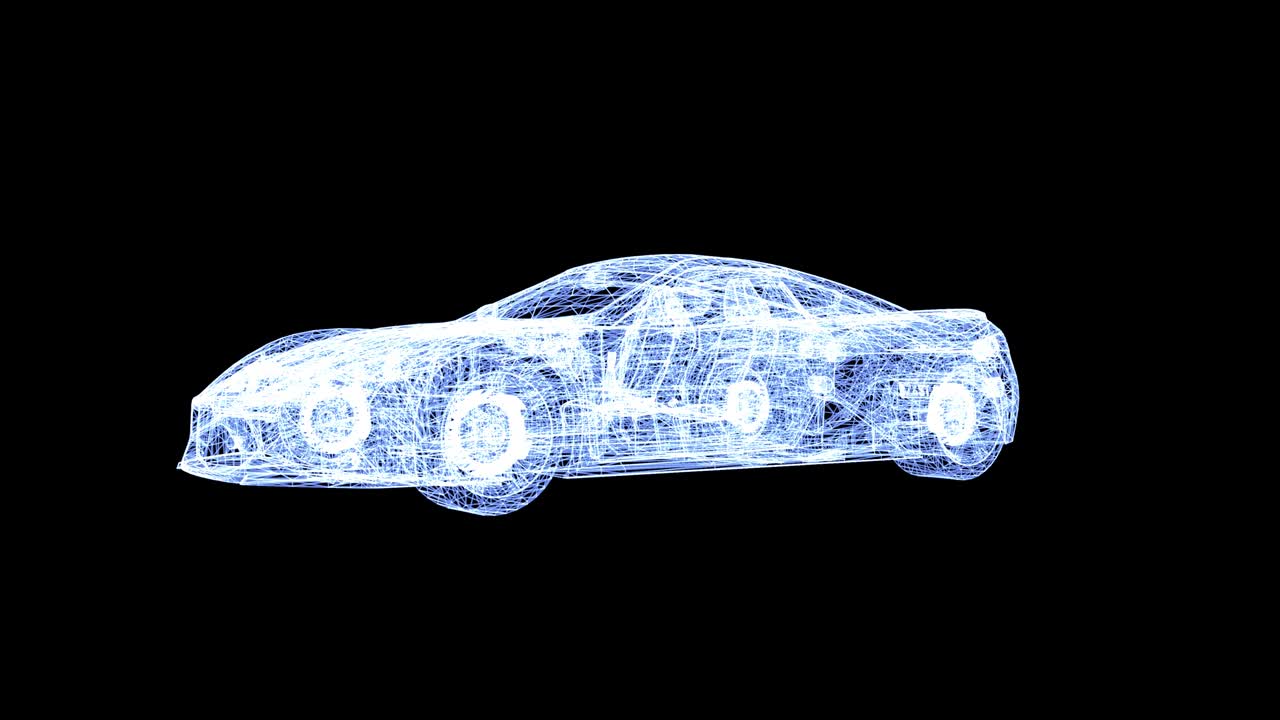 3d 애니메이션, 알파 채널과 함께 눈에 띄는 인테리어를 가진 자동차의 홀로그램, 자동차 디자인, 자동차 산업, 차량 제조, 타임, 4k 해상도.