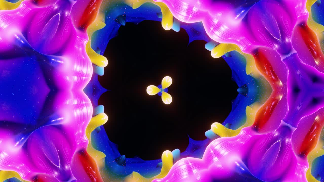 Kaleidoscope effect with abstract waves. Abstract symmetric 3D structures like liquid kaleidoscope in looped animation, smooth color gradients with glow glitter. Beautiful abstract bg 3d pattern. DOF