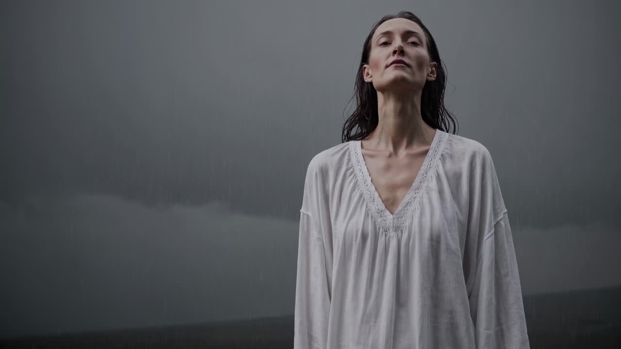 Woman in a white dress stands in the rain with her eyes closed, embracing the tranquility of the moment with a peaceful and serene expression on her face
