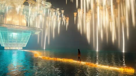 woman walking through a crystal structure over water